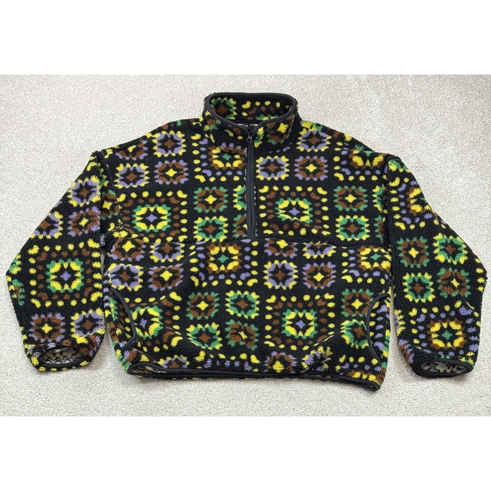 BDG Jacket Women's SMALL Black Fleece Half Zip Granny Square Cozy Pullover